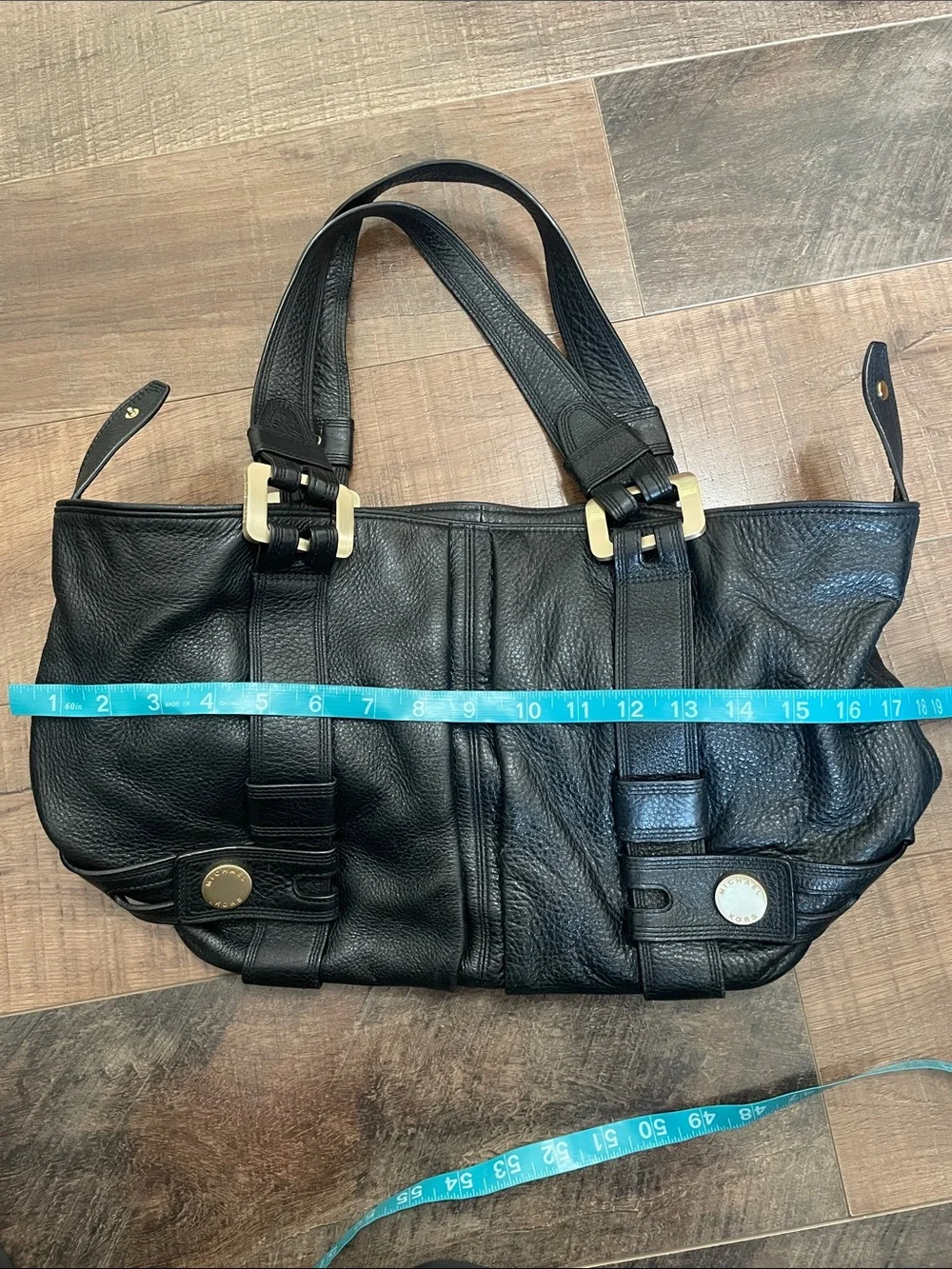 Michael Kors Harness Handbag Black Pebbled Leather Gold Hardwear